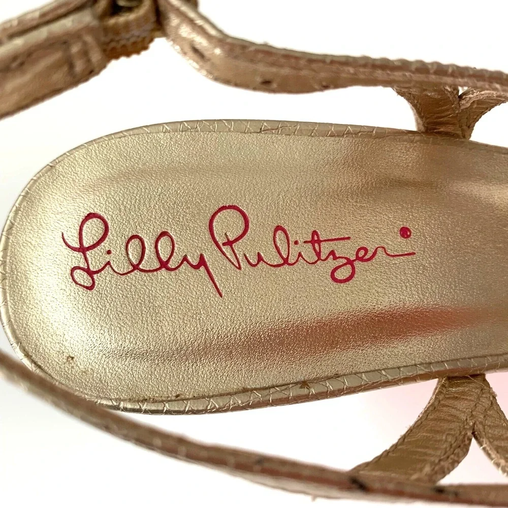 New‎ Lilly Pulitzer Sophie Gold Metallic Leather Raffia Wedge Platform Sandals 6